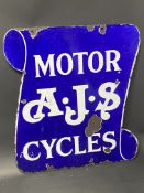 A rare circa 1920s AJS Motor Cycles double sided enamel sign of scrolled design, 18 x 20".