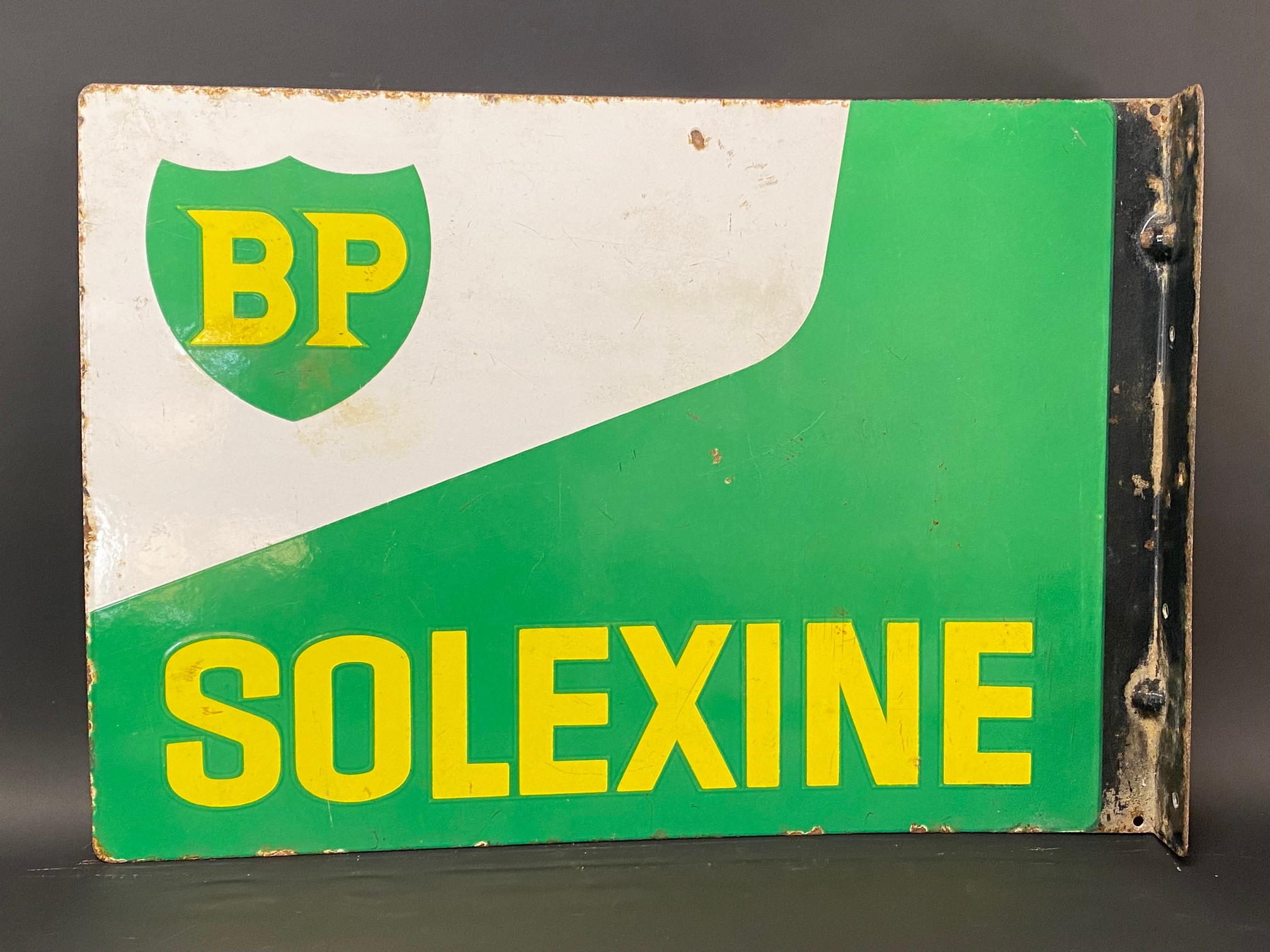 A BP Solexine double sided enamel sign with hanging flange, 23 x 16".