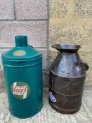 A Castrol five gallon can with oval brass plaque attached plus an AAOC five gallon pourer.