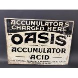 An unusual Oasis Accumulator Acid double sided tin advertising sign with hanging flange, 16 1/2 x