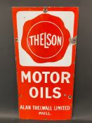 A Thelson Motor Oils enamel sign, very good condition and gloss, 12 x 24".