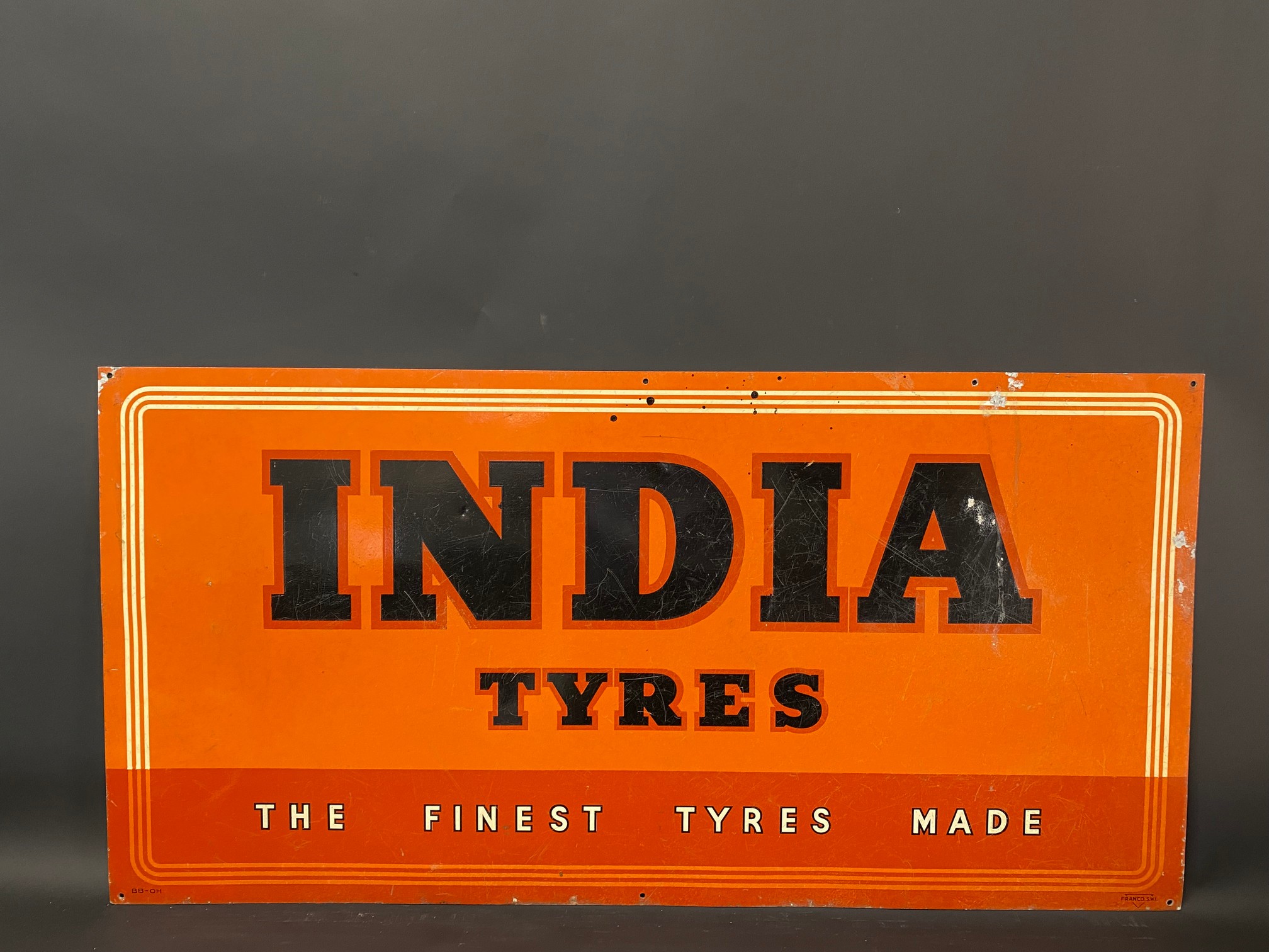 An India Tyres rectangular aluminium advertising sign by Franco, 36 x 18".