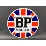 A BP Motor Spirit Union Jack circular enamel sign in excellent condition, 14 3/4" diameter.