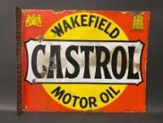 A Wakefield Castrol Motor Oil double sided enamel sign with hanging flange, by Bruton of Palmers