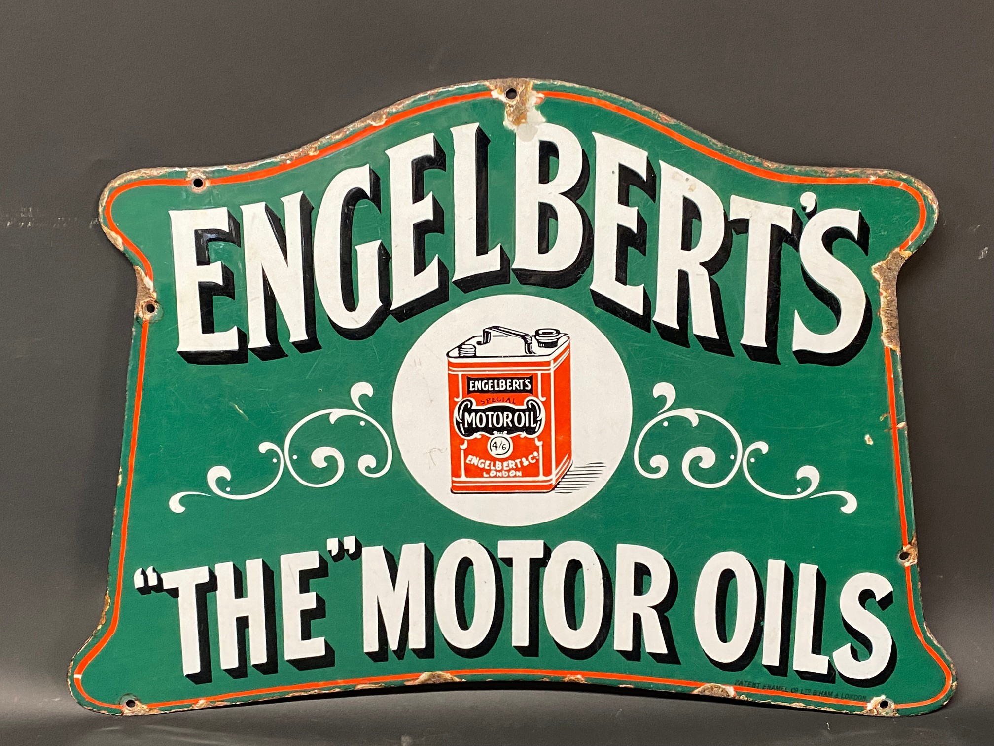 A very rare Engelbert's 'The' Motor Oils shaped double sided enamel sign with an image of a can to - Image 8 of 13