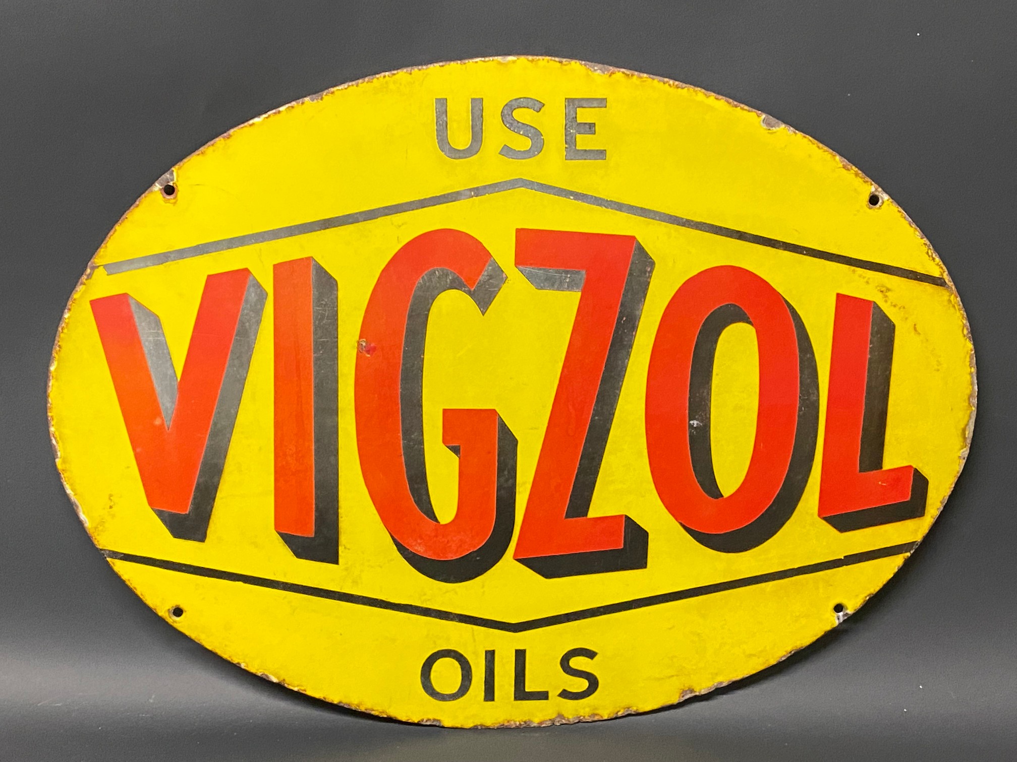 A Vigzol Oils oval double sided enamel sign in good condition, 24 x 18". - Image 4 of 7