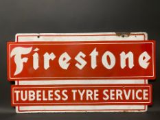 A Firestone Tubeless Tyre Service double sided enamel sign, restoration to the ends on both sides,