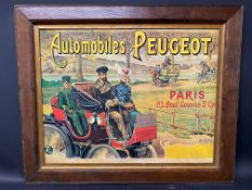 An oak framed pictorial showcard advertising Peugeot Veteran motorcars, 27 1/2 x 22 1/2".