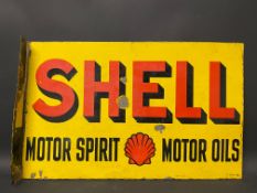 A Shell Motor Spirit and Motor Oils double sided enamel sign with hanging flange, 24 x 15".