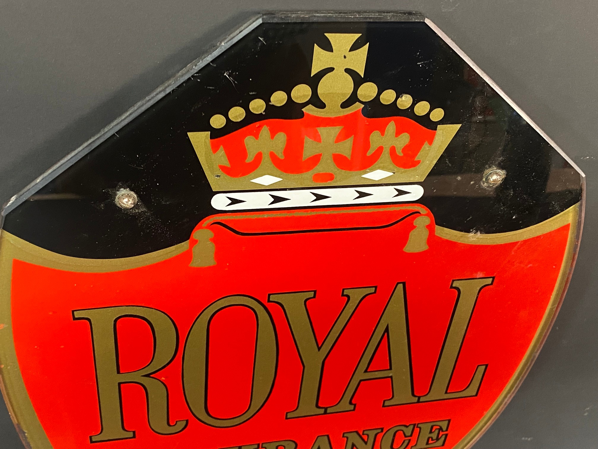 A Royal Insurance shield shaped glass advertising sign, 12 x 17". - Image 2 of 3