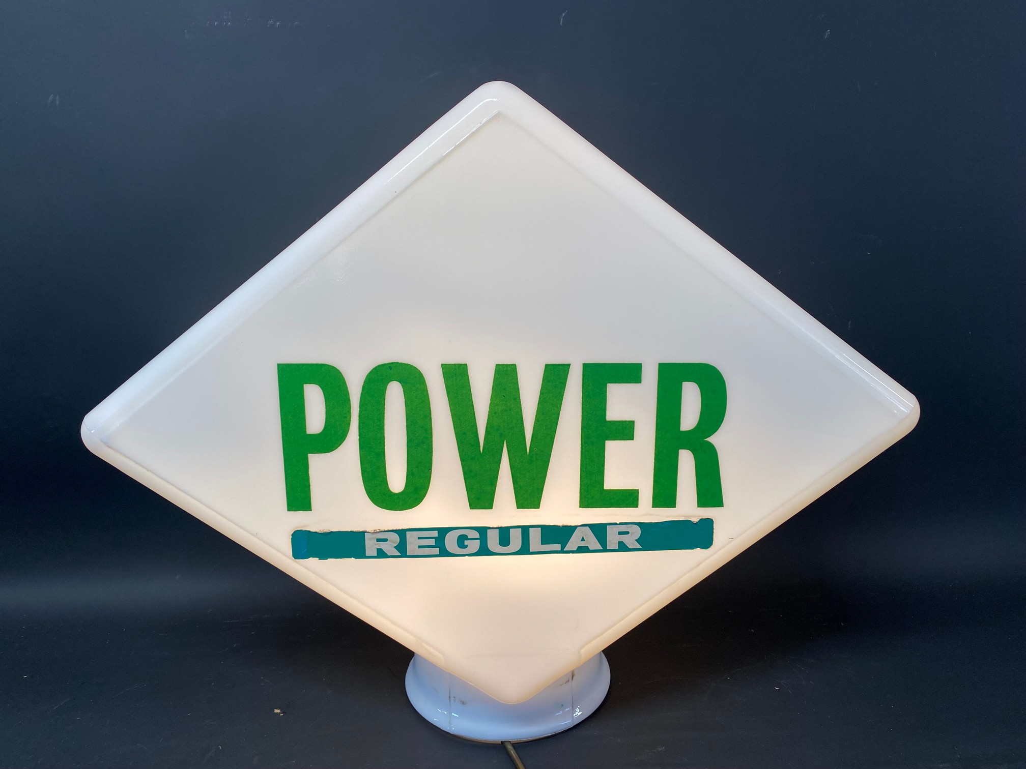 A Power Regular lozenge shaped glass petrol pump globe, fully stamped underneath 'Property of - Image 3 of 4