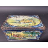 A rectangular tin decorated all round with scenes of a Veteran/Edwardian motor car.