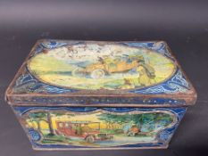 A rectangular tin decorated all round with scenes of a Veteran/Edwardian motor car.