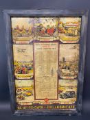A 1929 Shellubricate pictorial tin advertising sign showing the correct grades of oil for the