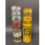 A King of Carbides cylindrical tin, bearing union jack flags and prancing lion motif plus one