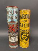 A King of Carbides cylindrical tin, bearing union jack flags and prancing lion motif plus one