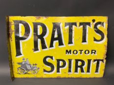 A Pratt's Motor Spirit double sided enamel sign with hanging flange and an image of a Veteran car to