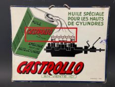 A French Castrollo pictorial showcard depicting a can of oil pouring into an engine, 13 1/2 x 10 1/