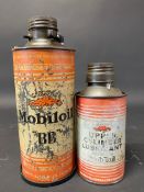 A Gargoyle Mobiloil 'BB' grade quart can on bulkhead bracket plus a Mobiloil UCL pint can.