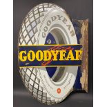 A Goodyear Tyres die-cut double sided enamel sign with hanging flange, 22 x 34".