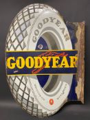 A Goodyear Tyres die-cut double sided enamel sign with hanging flange, 22 x 34".