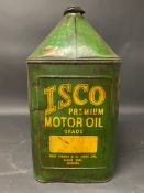 An Isco Premium Motor Oil five gallon pyramid can.