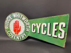 A Rudge Whitworth Cycles double sided enamel sign, with some restoration, 26 x 12".