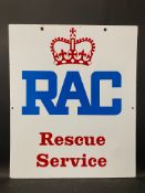 An RAC Rescue Service rectangular double sided enamel sign in excellent condition, 20 3/4 x 24 3/