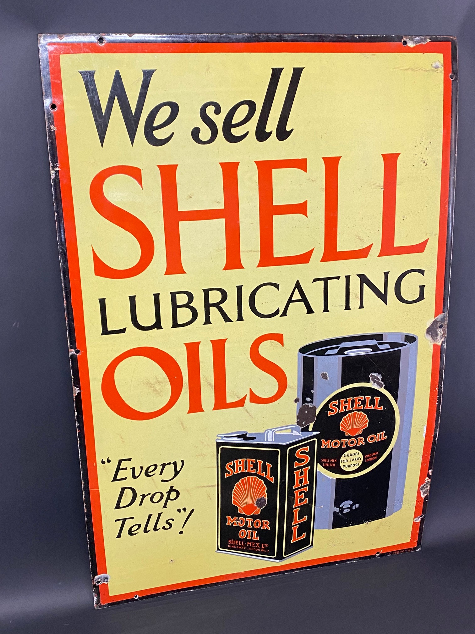 A Shell Lubricating Oils 'Every Drop Tells' pictorial enamel sign in very good condition, 24 x 36".