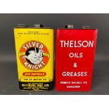 A Silver Knight gallon can and a second for Thelson Oils and Greases.