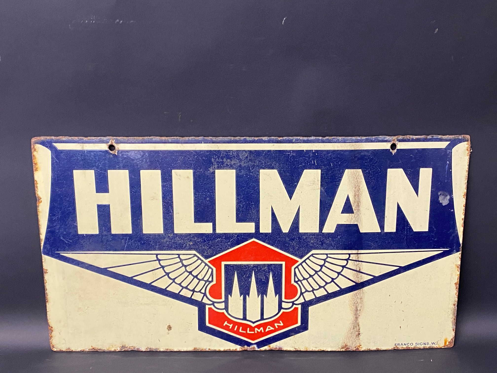 A Hillman rectangular double sided enamel sign by Franco, 28 x 15". - Image 5 of 8