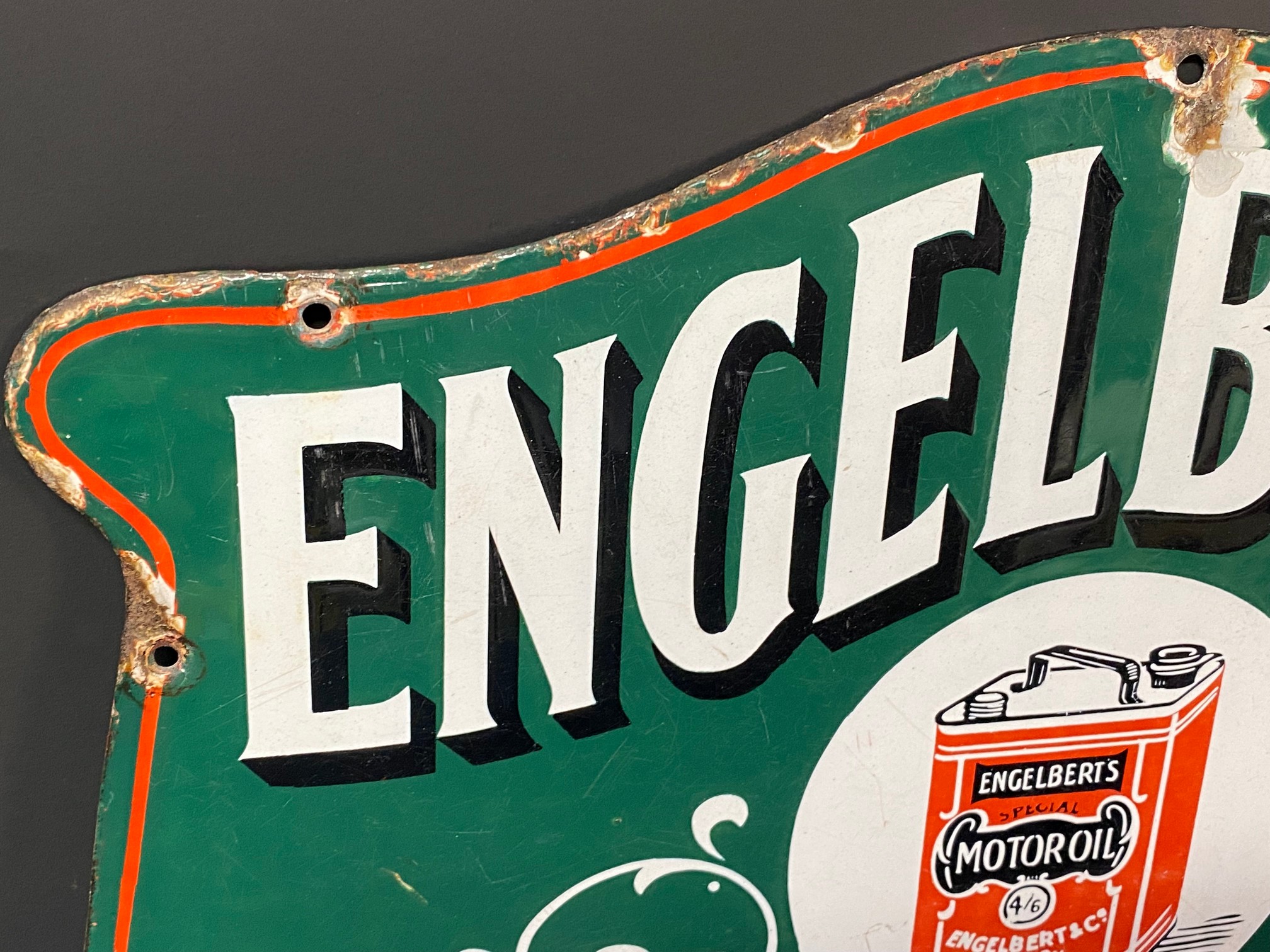 A very rare Engelbert's 'The' Motor Oils shaped double sided enamel sign with an image of a can to - Image 9 of 13