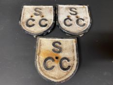Three small cast iron boundary marker plaques for Somerset County Council, each 5 1/4 x 5 1/2".