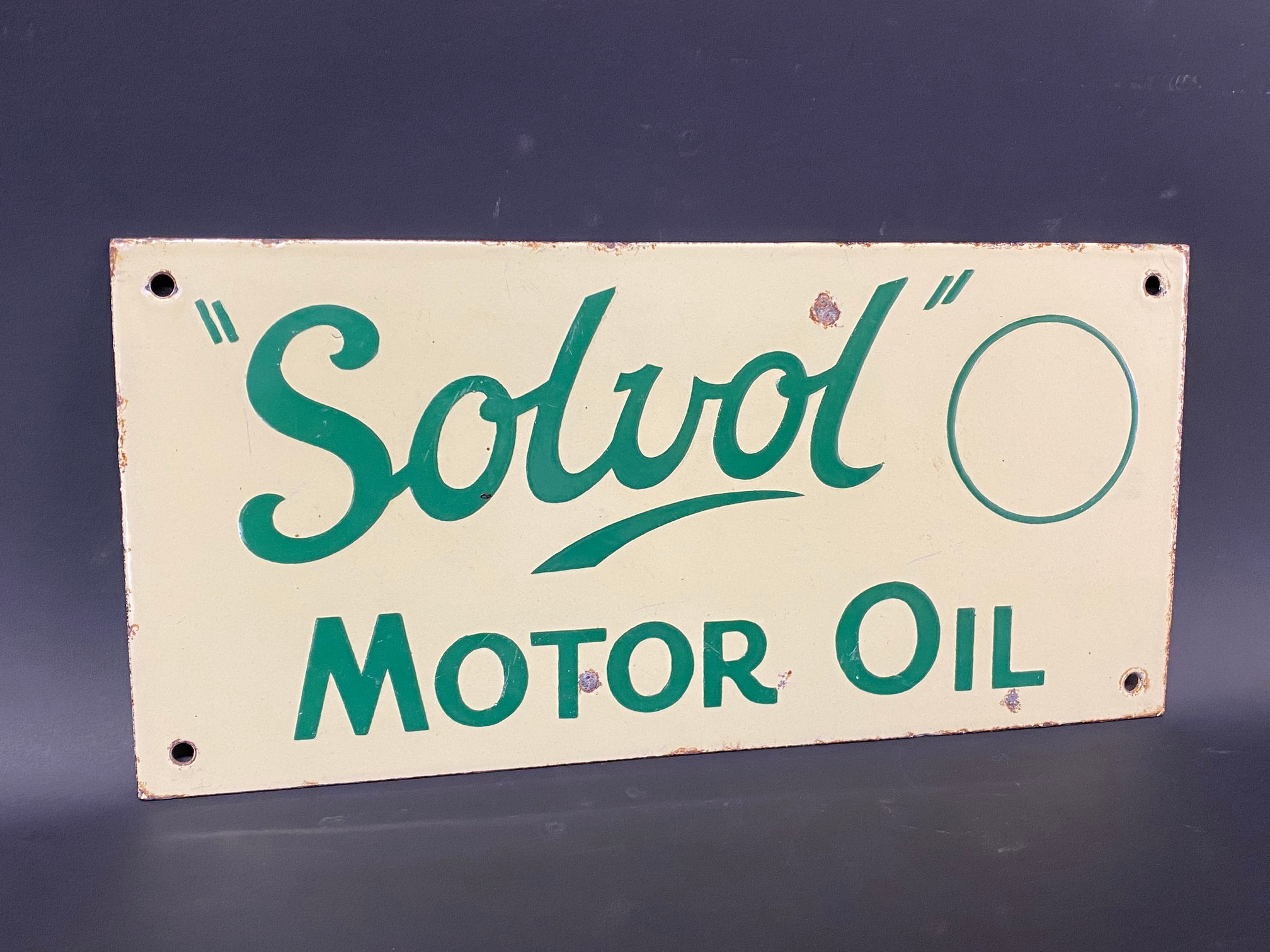 A small Solvol Motor Oil enamel sign with excellent gloss, 12 1/2 x 6".