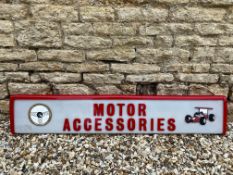 A Motor Accessories hanging illuminated lightbox, 53" w x 9 1/2" h x 4" d.