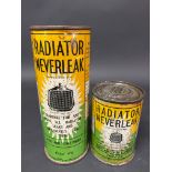 Two different size cylindrical tins of Radiator Neverleak.