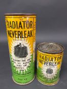 Two different size cylindrical tins of Radiator Neverleak.