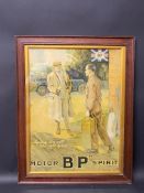 A good BP Motor Spirit pictorial showcard depicting a gentlemen stopping to buy fuel in a two gallon