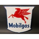 A Mobilgas enamel sign with flying pegasus motif, 12 x 12".