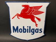 A Mobilgas enamel sign with flying pegasus motif, 12 x 12".