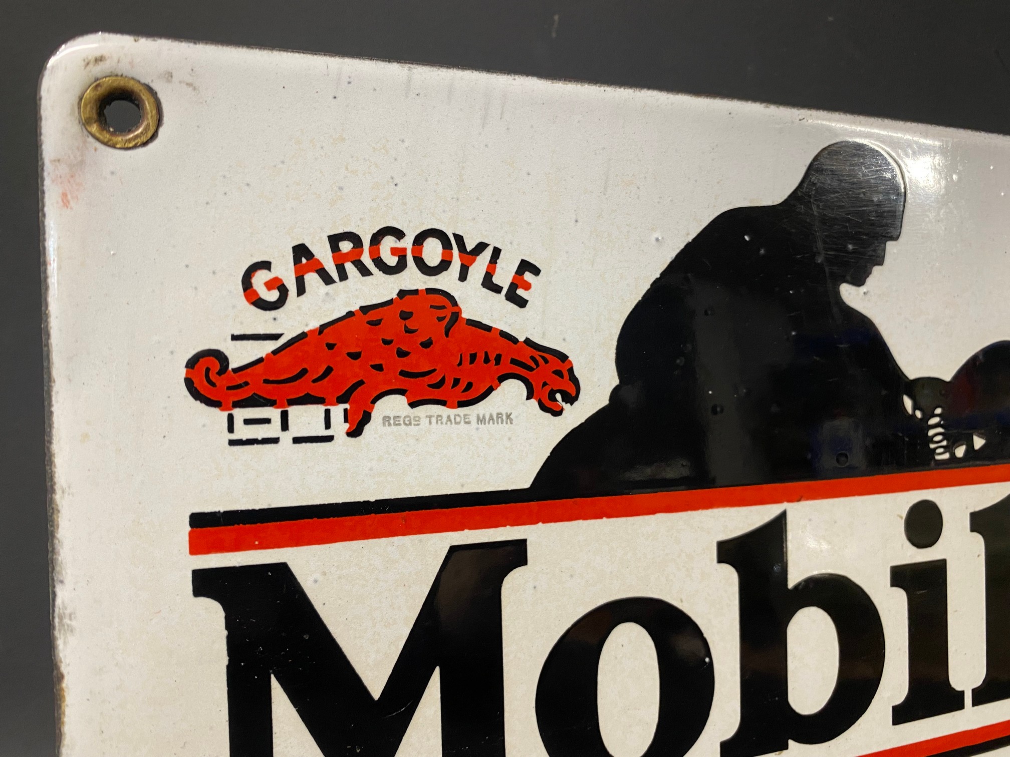 A Gargoyle Mobiloil 'D' grade enamel sign with image of a motorcycle and rider, excellent condition, - Image 2 of 6