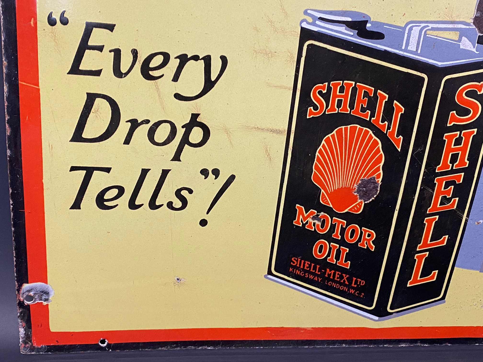 A Shell Lubricating Oils 'Every Drop Tells' pictorial enamel sign in very good condition, 24 x 36". - Image 5 of 7