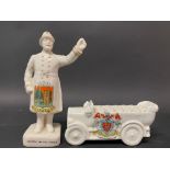 A crested ware porcelain model of a charabanc bearing crest for City of Hereford, plus an Arcadian