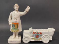 A crested ware porcelain model of a charabanc bearing crest for City of Hereford, plus an Arcadian