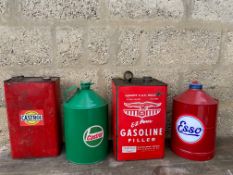An American five gallon square can, one other and two repainted cans with new decals.