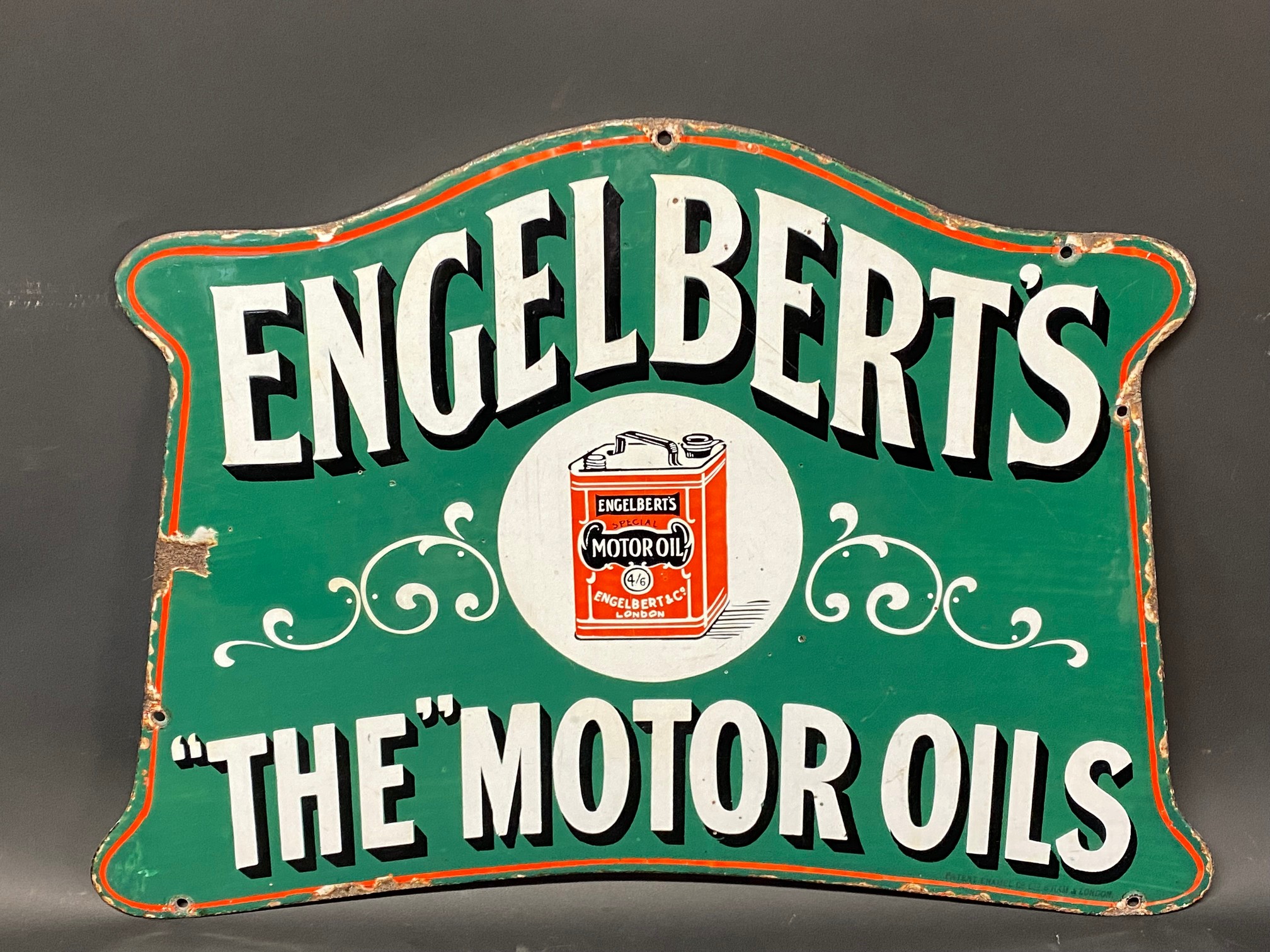 A very rare Engelbert's 'The' Motor Oils shaped double sided enamel sign with an image of a can to
