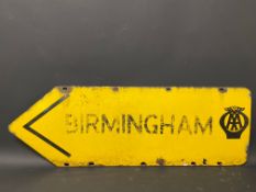 An AA double sided directional enamel road sign, with stenciled lettering for Birmingham, 36 x 12".