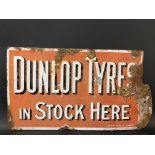 An early Dunlop Tyres in Stock Here double sided enamel sign with partial hanging flange, by