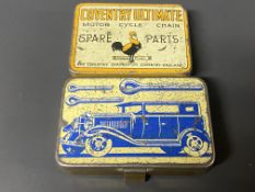 A Coventry Ultimate Motor Cycle Chain Spare Parts tin with contents plus another tin for split