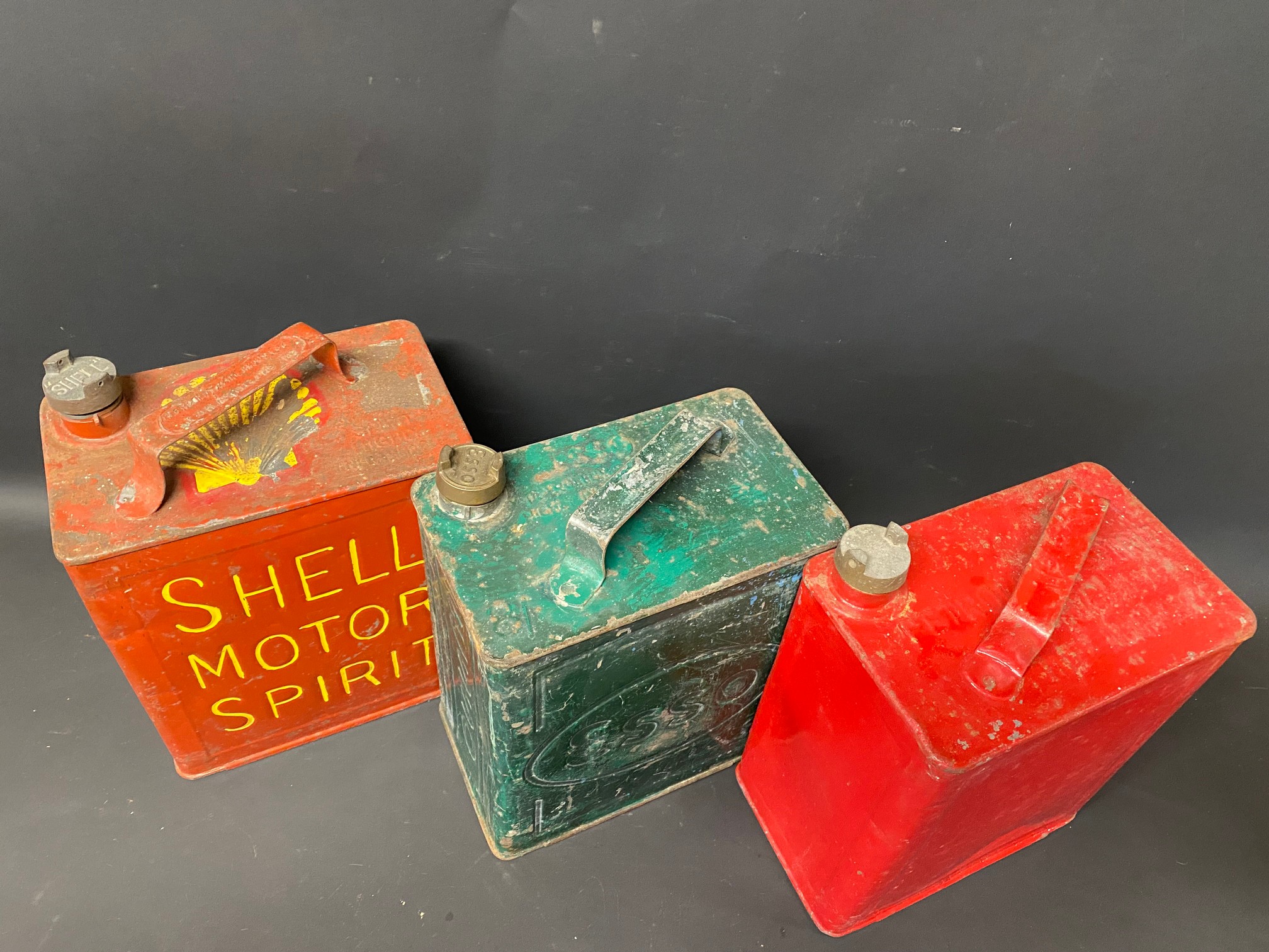 Three two gallon petrol cans for Shell Motor Spirit, Esso and one other. - Image 2 of 2